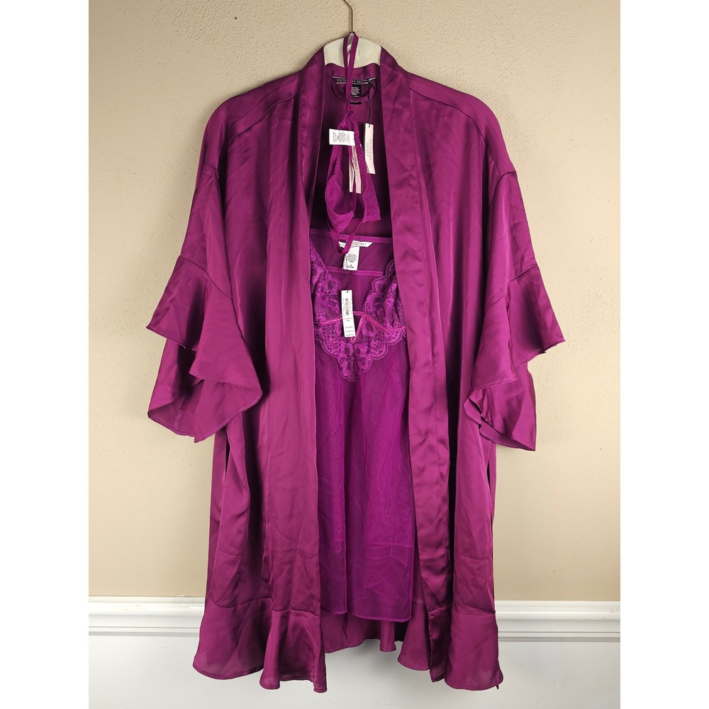 NWT Victoria's Secret Womens Magenta Babydoll, Robe & Thong Set Medium XS New